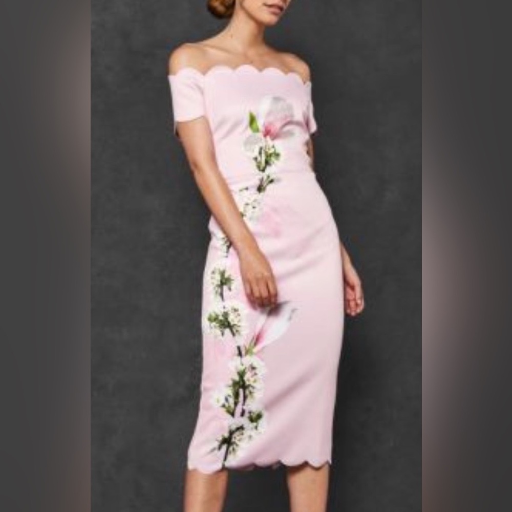 Ten Baker London Pink  off the shoulder midi dress. Size 3 US size 8 to 10.